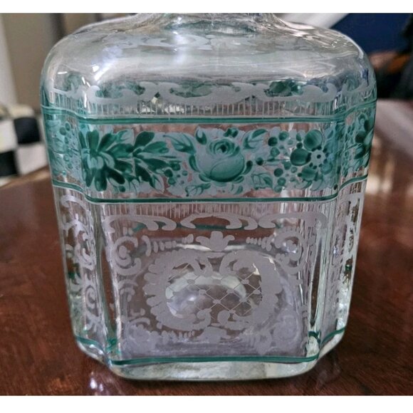 RARE ANTIQUE GREEN ACID ETCHED FLOWER BOTTLE LIQUOR WHISKEY DECANTER STOPPER JAR